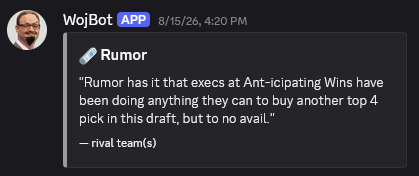 A grey-bordered WojBot post titled Rumor: “Rumor has it that execs at Ant-icipating Wins have been doing anything they can to buy another top 4 pick in this draft, but to no avail.” Source: rival team(s).
